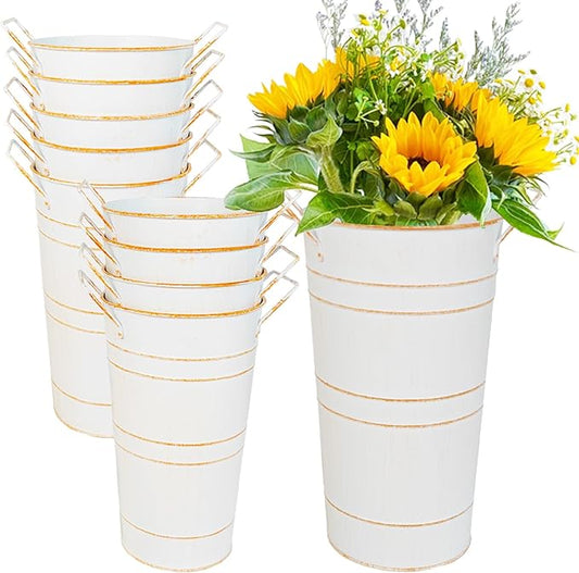 10" Tall Flower Buckets Metal Vase - Pack of 10 Rustic Farmhouse Centerpiece Vases for Table with Handles, Wedding Home Table Decor, Farmhouse White Flower Bar Bucket Holder