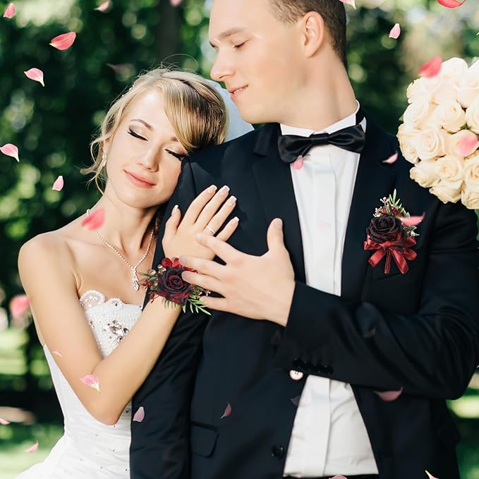 2 Pcs Wine Red Rose Wrist Corsage and Boutonniere Set, Rose Corsage Hand for Women, Boutonniere for Men Wedding Artificial Flowers Accessories Prom Decor, Christmas Party Accessories (Wine Red)