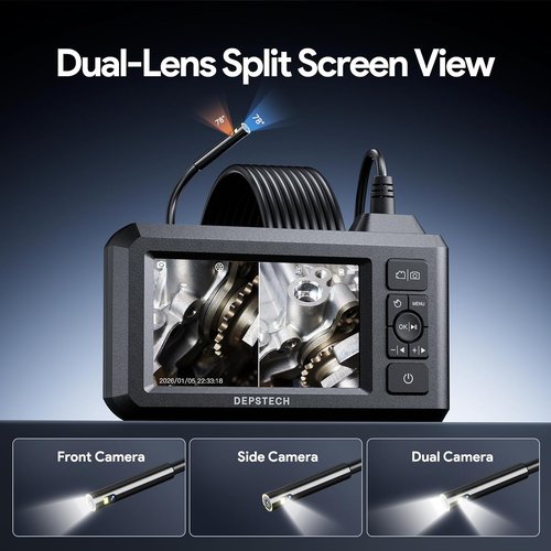 DEPSTECH Dual Lens Endoscope - 1080P Waterproof Borescope Inspection Camera | 4.3" LCD, 16.5FT Cable, 32GB Card