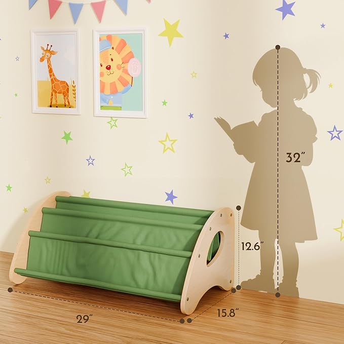 Toddler Bookshelf,4-Tier Book Rack Organizer with Fabric Storage Pockets, Wooden Bookshelves with Open Forward Display, Montessori Book Shelf for Nursery/Playroom, Natural/Green