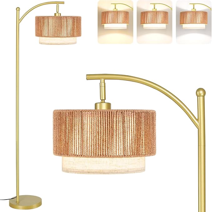 SUNMORY Floor Lamps for Living Room with 12W LED Bulb, Arc Floor Lamp with 3 Color Temperatures, Farmhouse Floor Lamps with Adjustable Rattan & Fabric Shades, Boho Standing Lamp for Bedroom, Corner