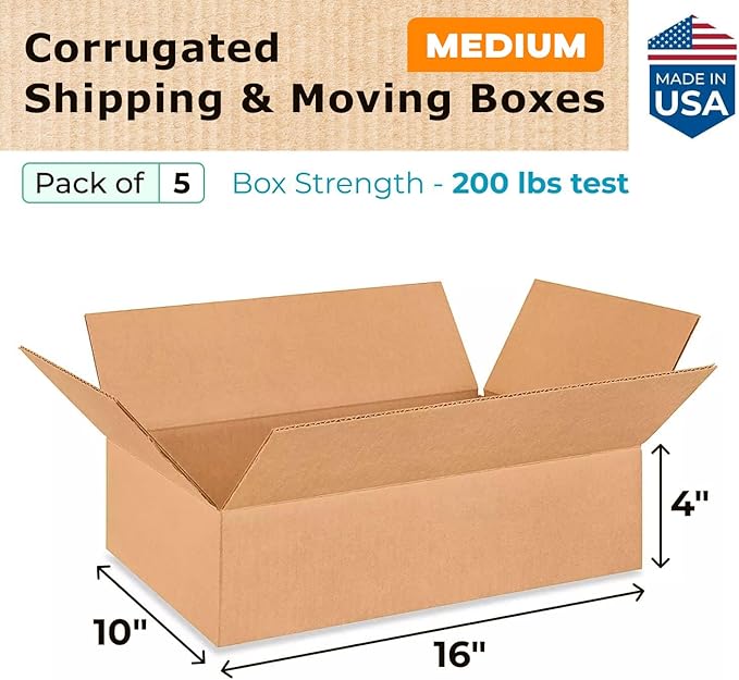 Medium Moving & Shipping Boxes 16 x 10 x 4 inches (5-Pack) - Extra Strength 200 lb vs Regular - Corrugated Strong Boxes for Shipping - Cardboard Box for Delivery - Heavy Duty Box by IDL Packaging