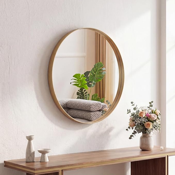 Sweetcrispy Bathroom Round Mirror for Over Sink, 20 Inch Wall Circle Mirror with Matte Metal Frame, Modern Wall Mount Vanity Mirror for Home Decor, Living Room, Bedroom, Gold