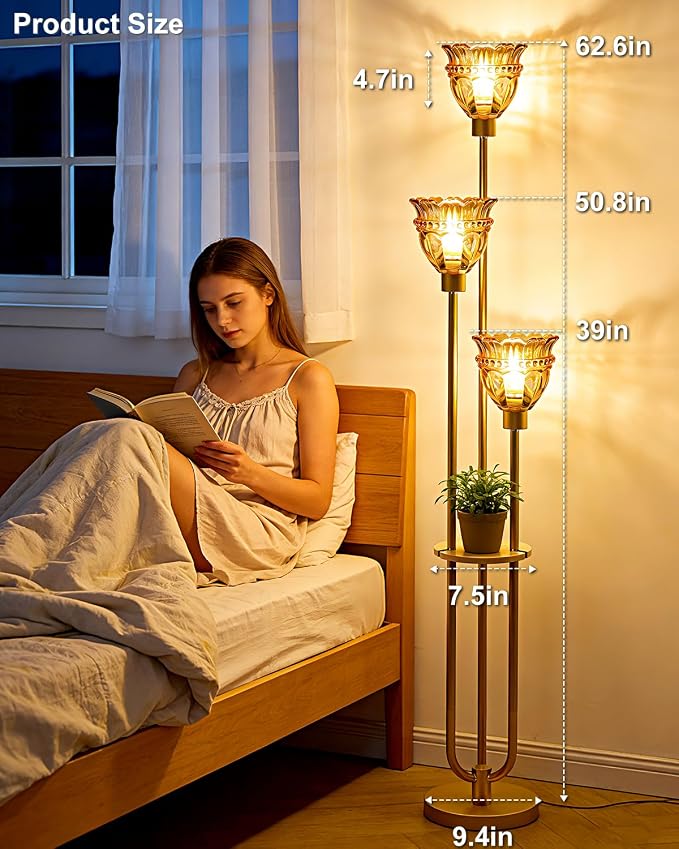 Lightdot Glass Floor Lamp for Living Room Mid Century Modern Gold Floor Lamp with Amber Glass Shade 3000K Bulbs Included Tall Standing Lamp with 5Lbs Heavy Base for Bedroom/Sofa Beside/Corner Decor