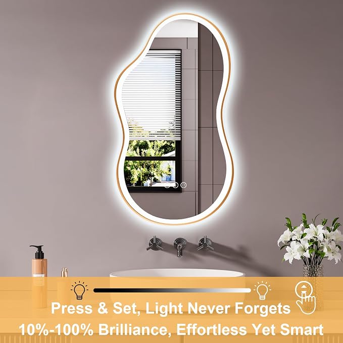 WTTY LED Irregular Bathroom Mirror 26x46 Inch with Front & Back Lights - Asymmetrical Design, Anti-Fog, Dimmable 3 Color Temperatures, Shatterproof Glass, Horizontal or Vertical Mount (Gold Frame)