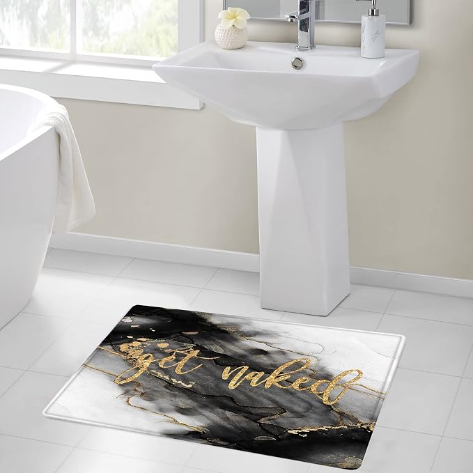 LB Black and Gold Marble Bathroom Rug Funny Quote Get Naked Non Slip Bath Mat Abstract Geometric Art Doormat Memory Foam Super Absorbent Floor Mats,31.5x19.6 Inch