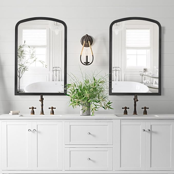 WallBeyond Arched Wall Mirror Wood Framed, 24" x 36" Rustic Farmhouse Wood Arched Mirror for Bathroom Wall Decor Entryway Living Room (Black)