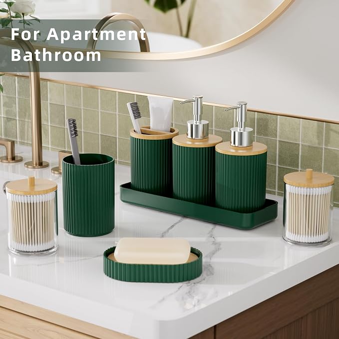 10PC Bathroom Accessories Set - Dark Green and Wooden Bathroom Sets, Bathroom Accessory Set with Pop Up Trash Can, Toilet Brush, Trash Can, Qtip Holder & Soap Dispenser