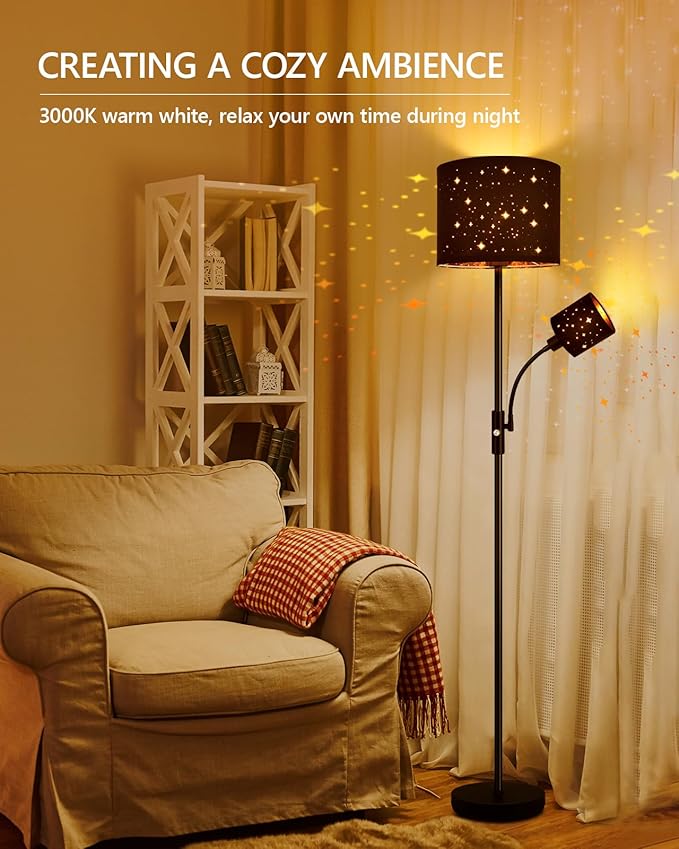 Floor Lamp Black, Reading Standing Lamps for Living Room, 62" Tall Torchiere Lamp for Kids Room, 3-Way Switch, Star-Gold Lampshade, Modern Goth Decor for Bedroom/Office, Bulbs Not Included(E26 Base)