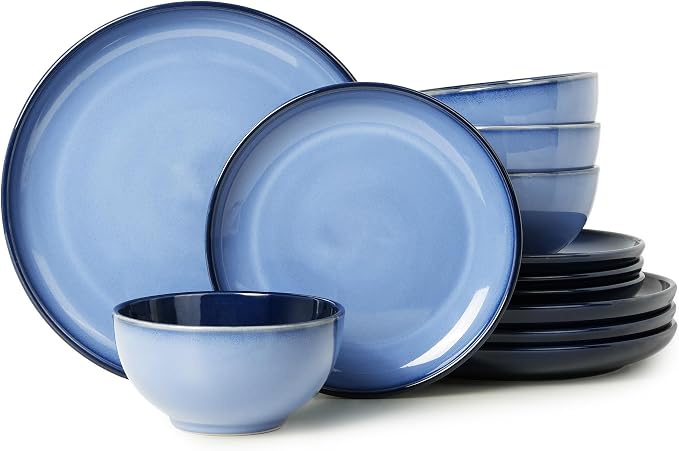 Pokini Stoneware Dinnerware Sets, Ceramic Plates and Bowls Set, Microwave & Dishwasher Safe Kitchen Dish Set, Modern Dinner Plates | Salad Plate | Cereal Bowls for 4, Dishware Sets Blue