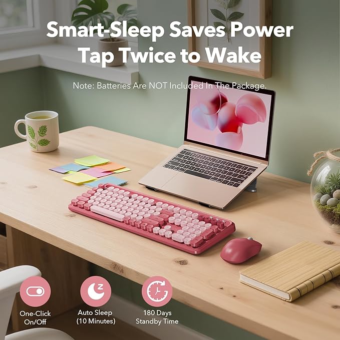Wireless Keyboard and Mouse Combo with Phone/Tablet Holder, Cute Full-Size Typewriter-Style Keyboard, Retro Round Keycaps, 3-Level DPI Mouse, 2.4GHz Cordless Connection for Windows/PC/Laptop (Pink)