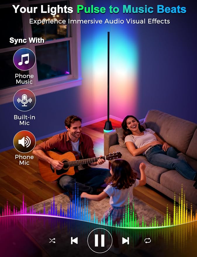 Corner Floor Lamp, Smart RGB Lamps for Living Room Bedroom, APP & Remote Control Tall Standing LED Lights, 16 Million DIY Colors Modern Ambient Lighting with Music Sync & Timer, Jet Black