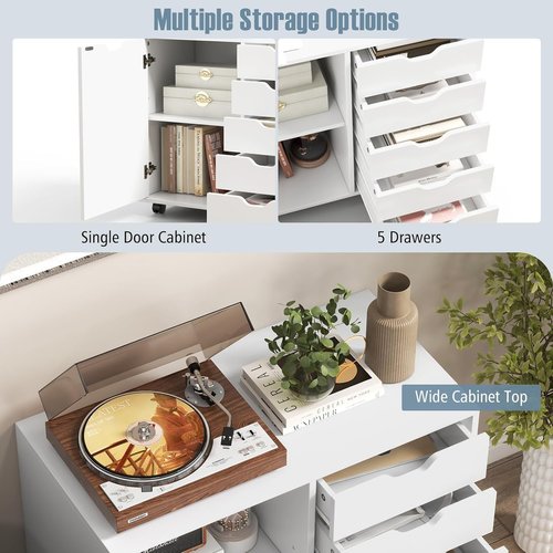 Regine Switzerland 5-Drawer Wood Storage Cabinet - Adjustable Shelf & Wheels | White, 15.7" D x 30.7" W x 25.4" H