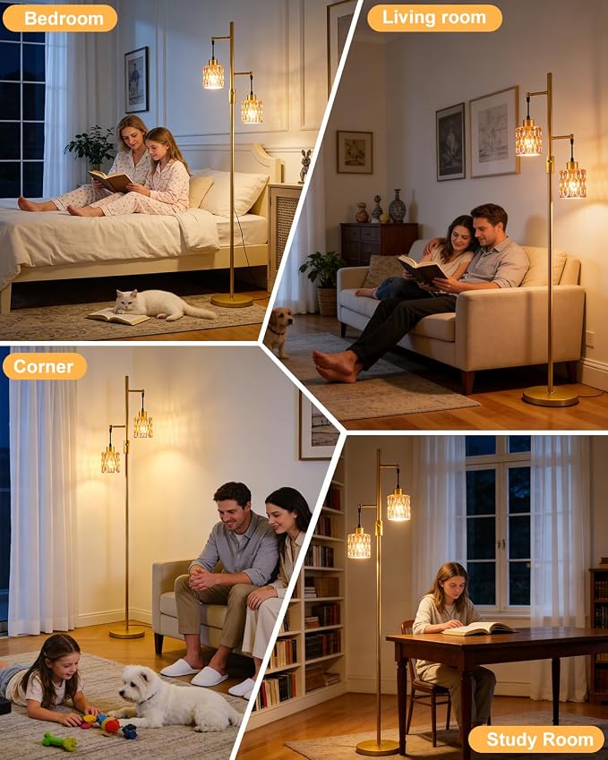 Lightdot 65IN Industrial Gold Floor Lamp for Living Room, 2- Light Amber Glass Floor Lamps with Warm White Bulbs, Modern Farmhouse Tree Standing Tall Lamp with 5Lbs Heavy Base for Bedroom Home Office