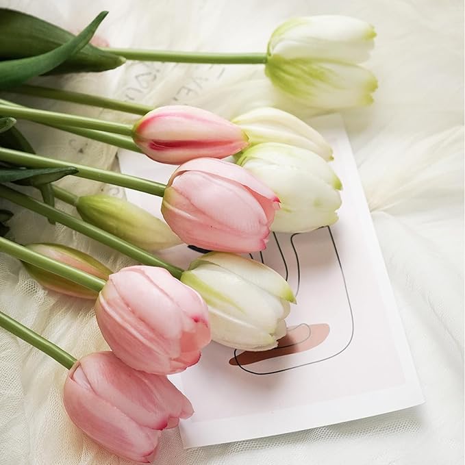 10 Pcs Fake Tulips Tulips Artificial Flowers Real Touch Fake Flowers Artificial Flower Bouquet for Home Table Party Wedding Decoration(Light Pink)