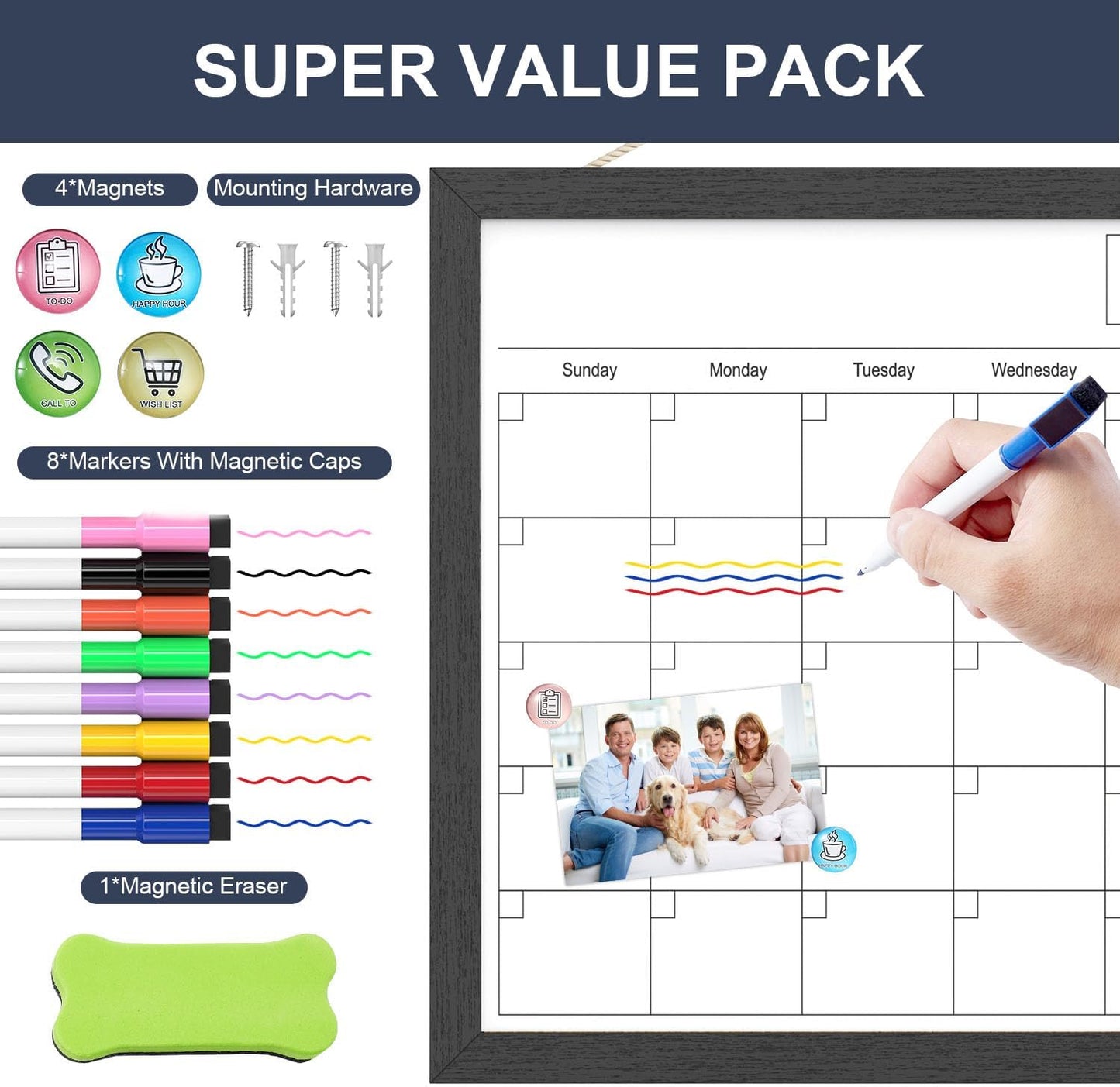 Skiennix Dry Erase Calendar - 17x13 Inch Magnetic Wall Whiteboard with Wood Frame for Home & Office