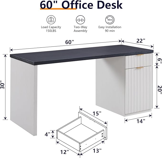JXQTLINGMU 60" Modern Executive Desk with Storage, Wood Home Office Desk with Drawer & Cabinet, Fluted Computer Writing Desk for Study, Living Room, Bedroom, Antique White