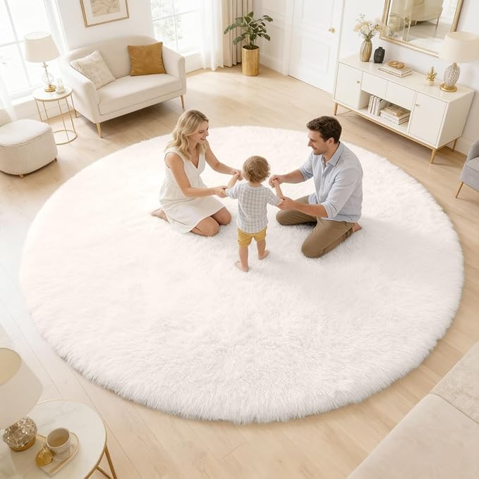 OLANLY Ivory Round Rugs for Bedroom - Machine Washable, 9 ft Circle Area Rugs for Living Room, Soft and Fluffy Shaggy Carpet for Teen Girls and Boys, Nursery Rooms, Dorms, Home Decor Aesthetic