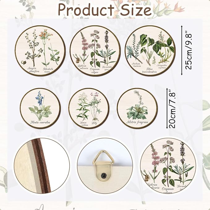 TOARTi 6pcs Boho Plant Wall Art Set(9.9”x3/7.9”x3), Minimalist Green Botanical Round Wooden Sign Vintage Plant Herbs Wall Decor Farmhouse Natural Botanical Wall Hanging for Living Room Bedroom