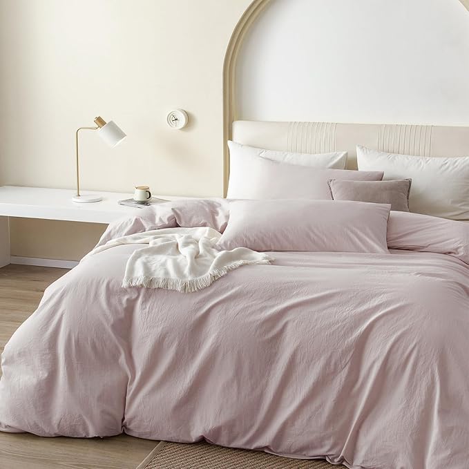 JIYUAN 100% Washed Cotton Duvet Cover Set 3 Pieces Alaska King, 1 Duvet Cover 132x120 Inches(Comforter Not Included) and 2 Pillowcases,Linen Like Comfy and Breathable,Heathered Greyish Pink
