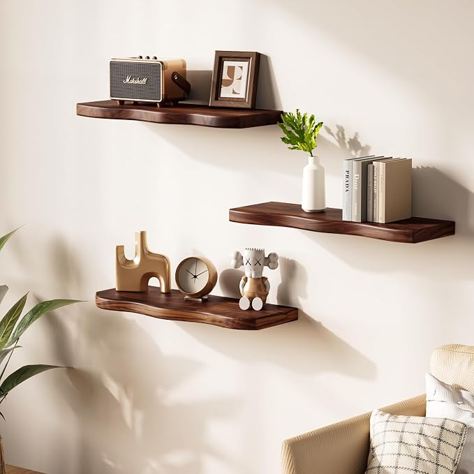 Floating Shelves for Wall 24 Inch Wooden Floating Shelves Live Edge Shelf with Unique Natural Grain Wall Mounted Rustic Pine Wood Shelf for Living Room Bedroom Kitchen Bathroom (Walnut Brown)