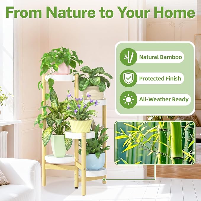 iDavosic.ly 5 Tier Bamboo Plant Stand Indoor Outdoor with Plastic Tray, Tiered Corner Flower Holder Shelf, Space Saving Orchid Display Rack for Patio Porch Living Room Garden Balcony, Natural White