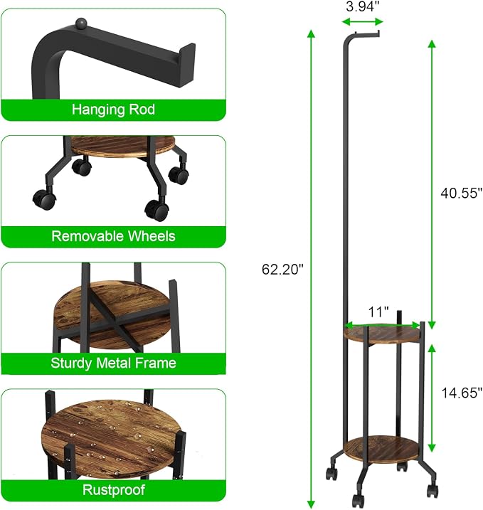 VyGrow Plant Stand Indoor, 2 Tier Hanging Tall Plant Shelf with Wheels, 3 Potted Corner Flower Stand Metal Plant Holder, Plant Shelves for Living Room, Bedroom, Patio, Outdoor, Black