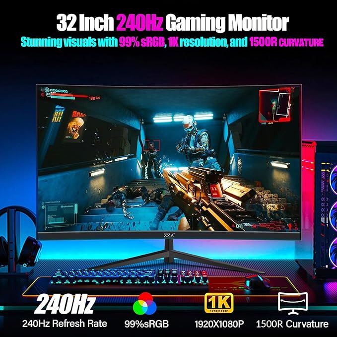 ZZA 32" 1K HDR Gaming Curved Monitor - FHD (1920x1080), 240Hz,1500R, 1ms, Extreme Low Motion Blur, FreeSync Premium, VESA Mountable, DisplayPort, HDMI