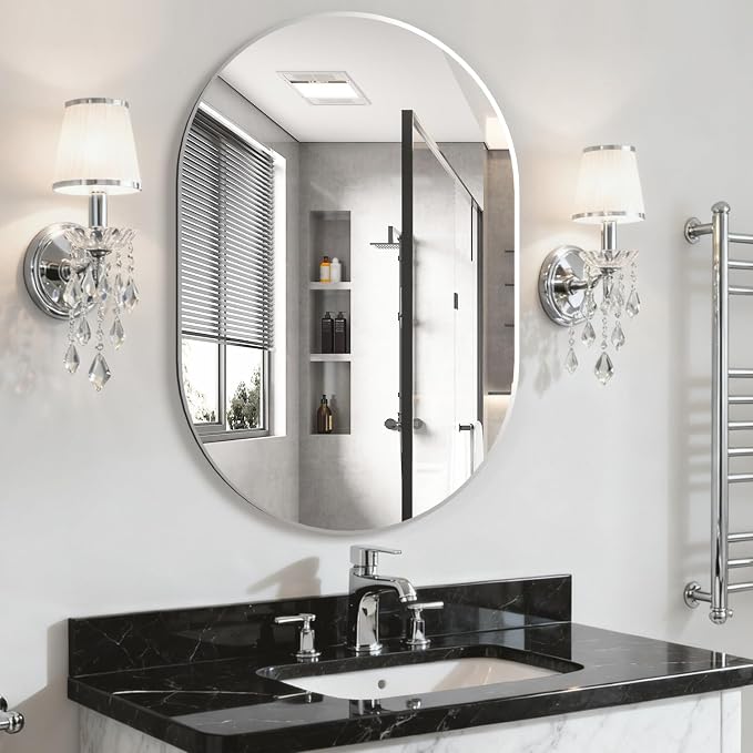 Oval Bathroom Mirror Capsule Wall Vanity Mirror, 24"x36" Pill Mirrors Wall Mounted Mirror, Large Modern Mirror with Silver Metal Frame, Decor for Entryway, Bedroom, Living Room