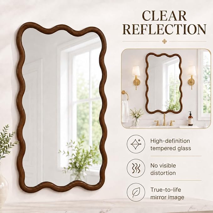 20x30 Inch Asymmetrical Wall Mirror Wood,Rustic Irregular Shaped Vanity Mirror for Bathroom,Bedroom, Living Room, Entryway, Fireplace,Wall Decor,Solid Wooden Frame (Black + Dark Walnut, 20"x30" Inch)