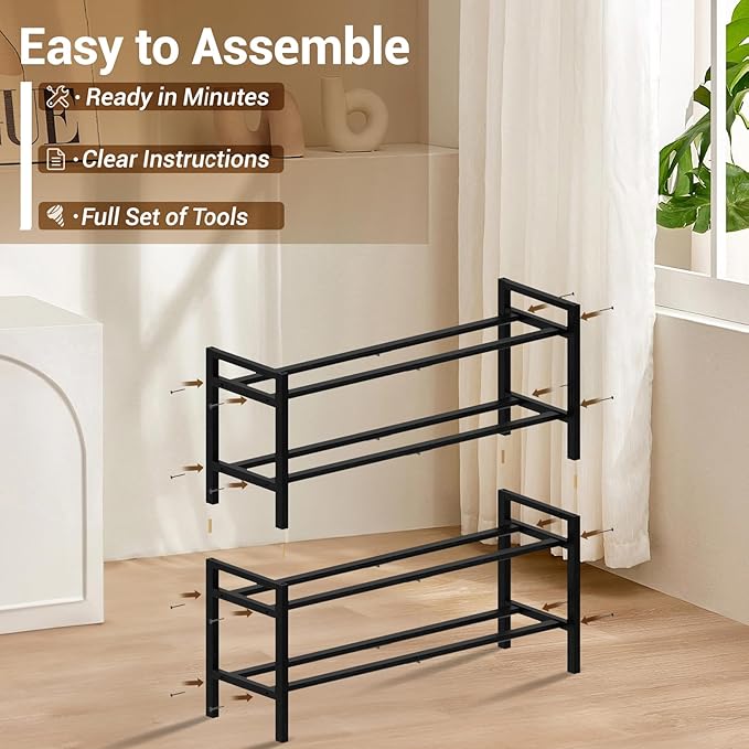 Haddockway Bamboo Shoe Rack for Closet, Free Standing Shoe Organizer with Smooth Round Rods & Convenient Handles, Stackable Shoe Storage Shelf for Entryway, Hallway(Black, 4-Tier)