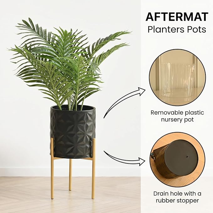 Modern Planter Pots, Set of 2 Black Planters with Stand, Decorative Planters, Metal Pots with Drainage Holes for Living Room, Office, Garden