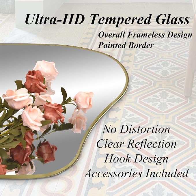 Large Irregular Mirror, 63"x30" Asymmetrical Tempered Glass Mirror Full Length, Gold Organic Frameless Wall Mirrors for Entryway Hallway Bedroom Living Room, Horizontal or Vertical Hanging