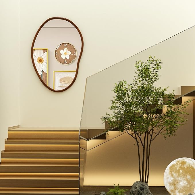 Irregular Wall Mirror Asymmetrical: Abstract Wood Frame 32x22 inch | Unique Vanity Glass Mirrors, Cloud-shape, Horizontal Vertical Hanging, Sleek Entryway Accent
