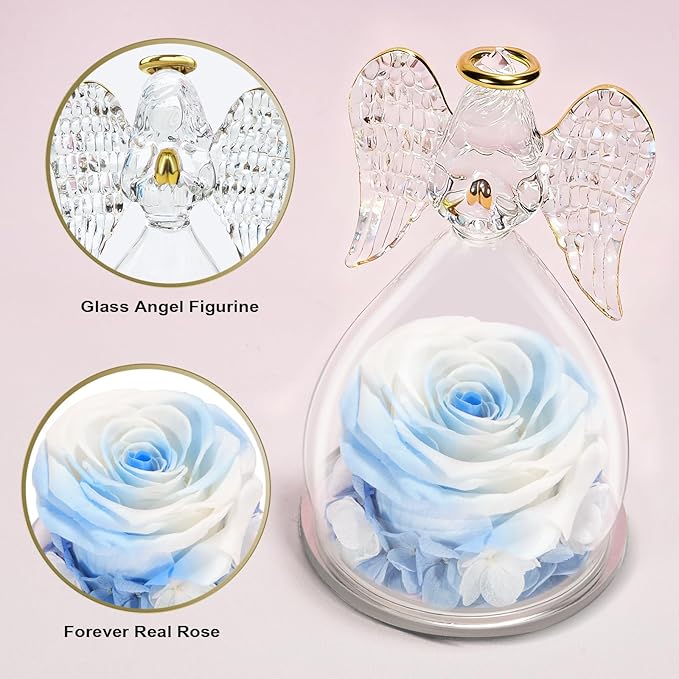 Yamonic Birthday Gifts for Mom Women, Angel Figurines with Real Rose Gifts for Her Mom Grandma, Mothers Day Preserved Flowers Rose for Christmas Valentine's Day (White+Blue)