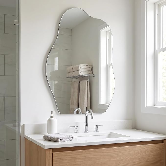 BEAUTYPEAK Asymmetrical Mirror, 26 x 40 Inches Irregular Wall Mirror, Wood Frame Unique Shape Wall Mounted, Decorative for Living Room Bedroom Entryway Hallway