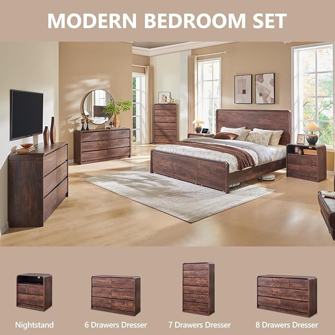 Modern 6 Drawers Dresser for Bedroom, 47" Wide Wood Dressers & Chests of Drawers w/Curved Profile Design, Mid Century Modern Dresser w/Natural Texture for Bedroom, Living Room, Brown