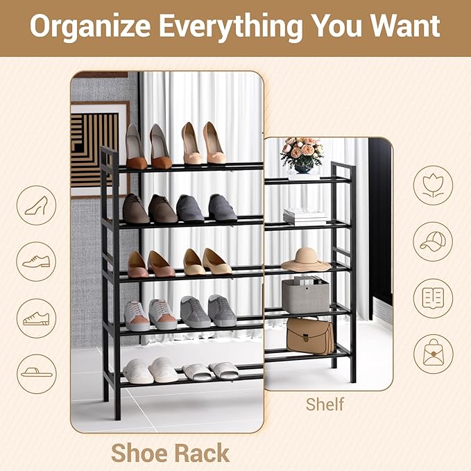 Haddockway Bamboo Shoe Rack for Closet, Free Standing Shoe Organizer with Smooth Round Rods & Convenient Handles, Stackable Shoe Storage Shelf for Entryway, Hallway(Black, 5-Tier)