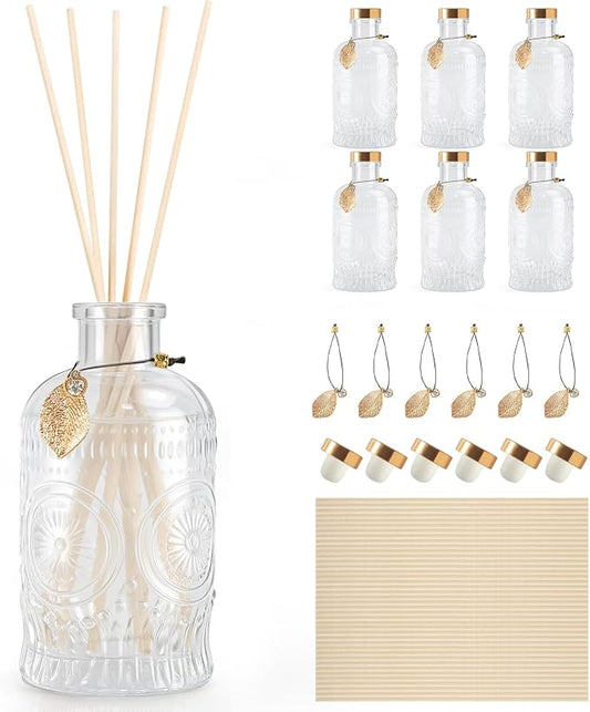 Glass Reed Diffusers Bottles for Home, Diffuser Bottles with 40PCS Reed Diffuser Sticks, Glass Bottle with Lids Apothecary Jar Flower Bud Vases, Set of 6