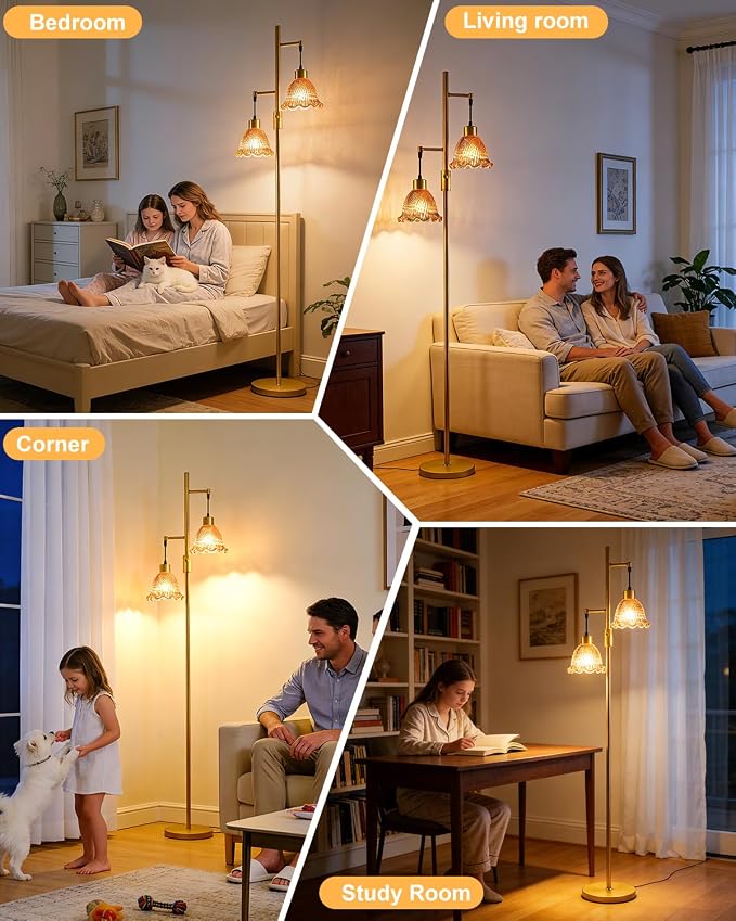 Lightdot 65IN Gold Flower Floor Lamp for Living Room, 2- Light Dimmable Floor Lamps with Deep Red Glass Lampshade,3000K Warm White Modern Standing Tall Lamp with 5Lbs Heavy Base for Bedroom Sofa