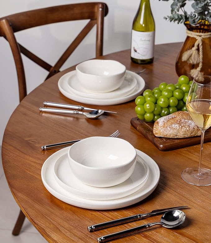 TheTerra Ceramic Dinnerware Sets for 4, 12 Pieces Handmade Reactive Glaze Plates and Bowls Set, Scratch Resistant Dish Set, Oven & Microwave & Dishwasher Safe, White Speckled