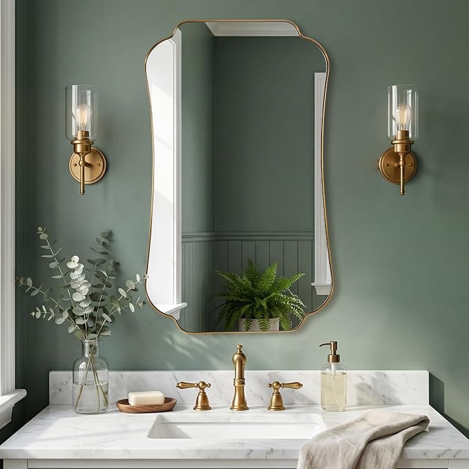 ANDY STAR 24"x40" Gold Mirror, Brushed Brass Scalloped Wall Mirror, Bathroom Wall Mirror with Stainless Steel Metal Framed Ideal for Bedroom, Hallway