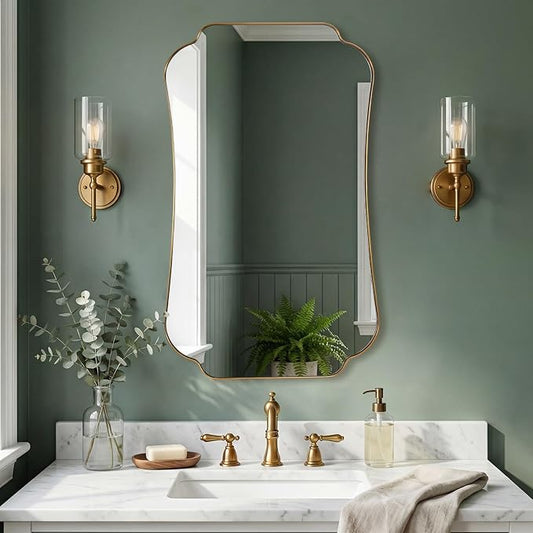 ANDY STAR 24"x40" Gold Mirror, Brushed Brass Scalloped Wall Mirror, Bathroom Wall Mirror with Stainless Steel Metal Framed Ideal for Bedroom, Hallway