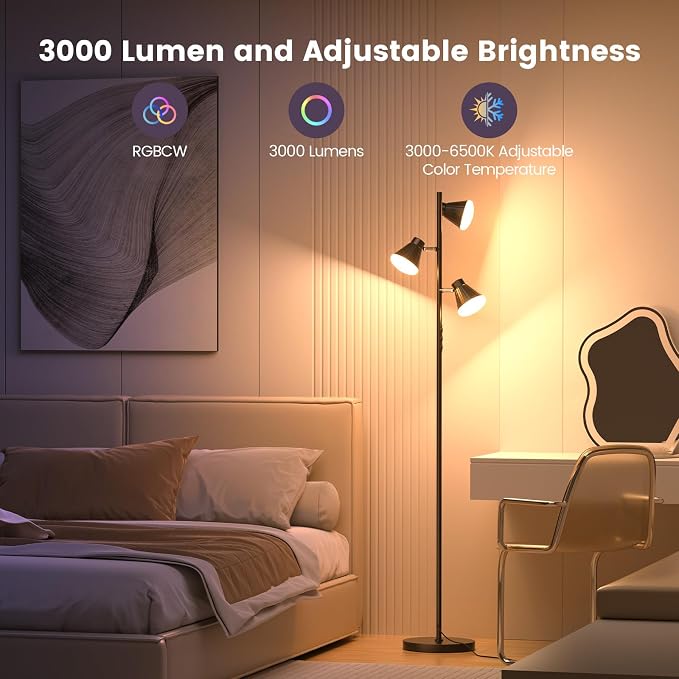 SIBRILLE RGB Floor Lamp, 36W LED Dimmable Standing Lamp with 3 Swivel Lights, Color Changing Tall Lamp with Remote, Stepless Dimmable Modern Floor Lamps for Living Room, Bedroom, Gaming Room,Office