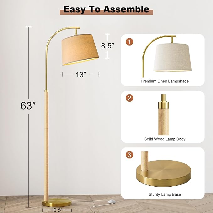 G-SAFAVA 63" Wood Floor Lamps for Living Room with Foot Switch Arc Tall Standing Lamp for Bedroom Mid Century Modern Corner Gold Floor Lamps for Office Nursery Industrial Reading Lamp, Natural Wood