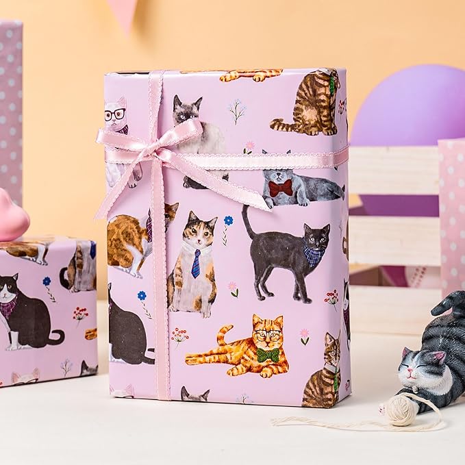 Burymento Pink Lovely Cat Wrapping Paper, Reversible Wave Point Gift Wrap for Birthday, Valentines, Mothers day, Graduation, Wedding, Fathers day, Baby Shower, Christmas (17in x 16.4ft)