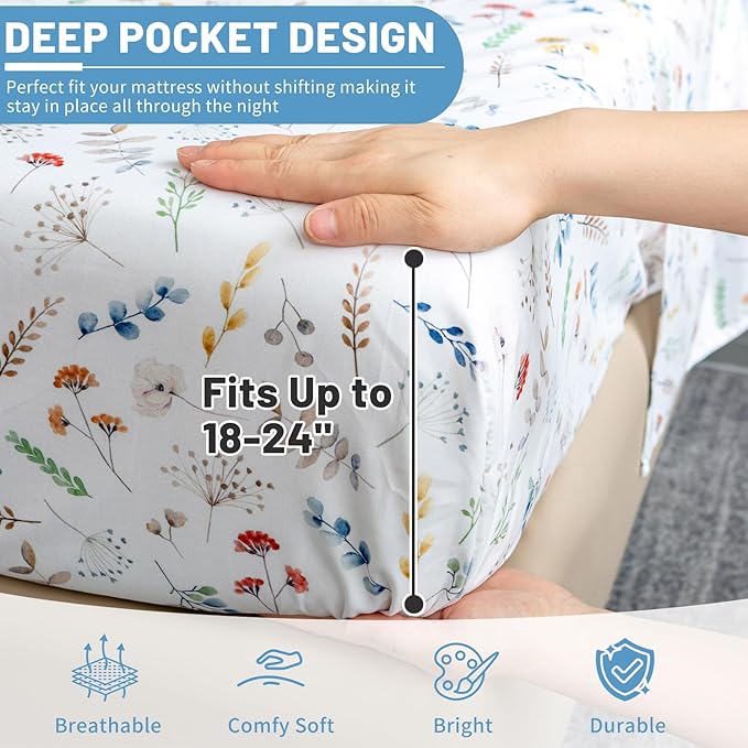 Bedlifes Queen Size Extra Deep Pocket Sheet Sets - Fits Mattresses Up to 18-24" Thick, 4-Piece Microfiber Set with 1800 Thread Count, Soft, Smooth, Breathable, Featuring White Floral