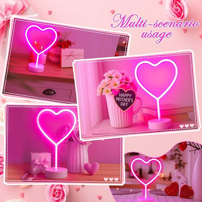 BHCLIGHT Pink Heart Neon Sign, 2 Pack Mother's Day LED Neon Light Battery Operated or USB Powered Valentines Lights, Table Decorations Lights for Room Dorm Wedding Anniversary Bedroom Classroom Decor