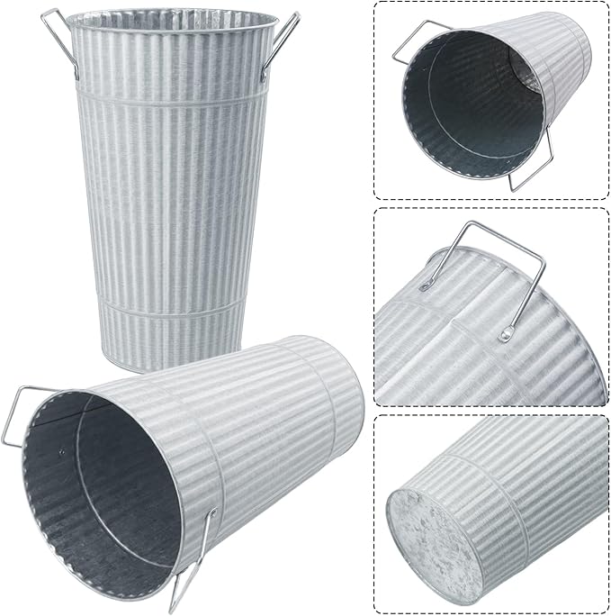 4 PCS 12 Inch White Galvanized Flower Buckets, Metal Flower Vase, Rustic Tall Flower Bucket with Handles for Wedding, Home Décor