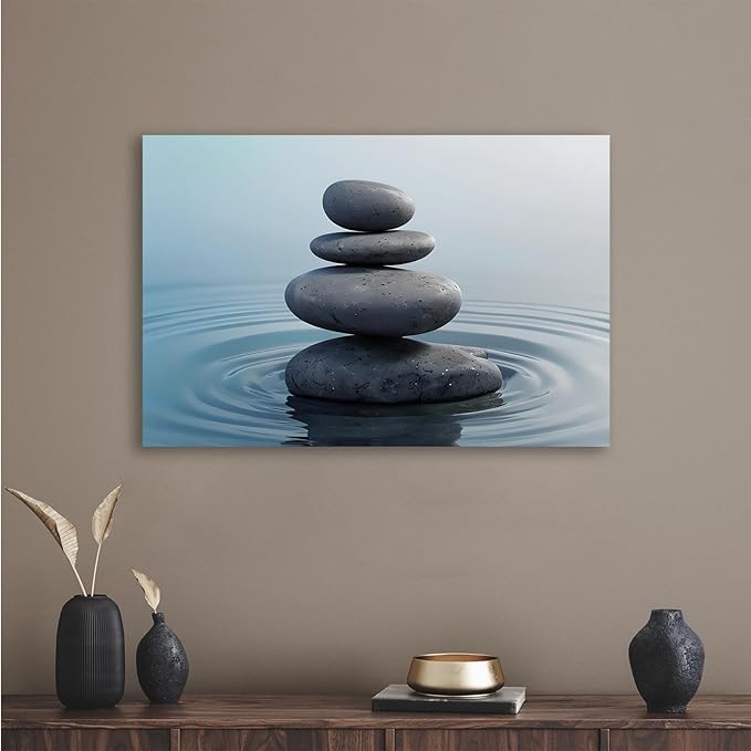 Zen wall art Harmonious grey stones stacked on a calm surface of water Serene Zen decor suitable for tranquil homes and spaces of meditation 32x48in Frameless